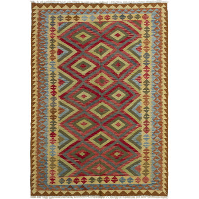 Tapis rouge/vert en laine 5 pi 4 po x 8 pi 5 po handwoven à tissage plat Jaycee