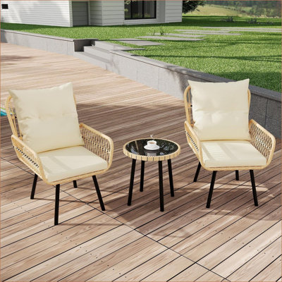 Ensemble bistro 3 pièces pour le patio, ensemble bistro en osier pour l'extérieur, 2 chaises rembourrées en rotin et 1 table à plateau en verre, ensemble en rotin et chaises pour patio, balcon, porche, bord de piscine, cour