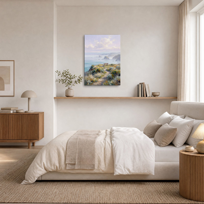 Art mural sur toile en bois sur un sentier côtier surplombant l'océan brumeux, H 48 po x l 32 po