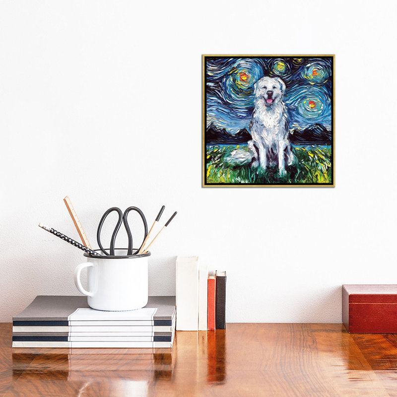 Great Pyrenees Night by Aja Trier - Painting, No Mat, 12" H x 12" W x 1.5" D, Gold Framed Canvas