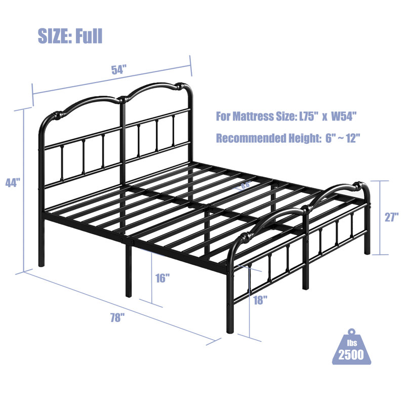 Oley Double Wave Headboard and Footboard Heavy Duty Anti-sway 18in High Steel Tube Iron Bed with Storage, Full/Double