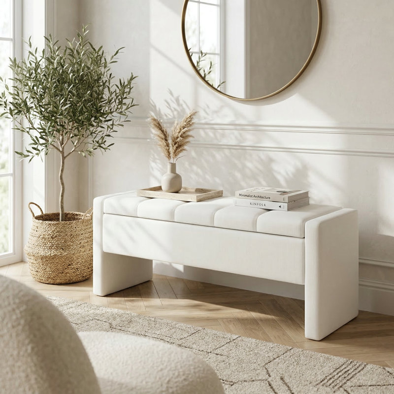 Banc de rangement rembourré avec repose-pieds pour la chambre à coucher et le salon, Beige
