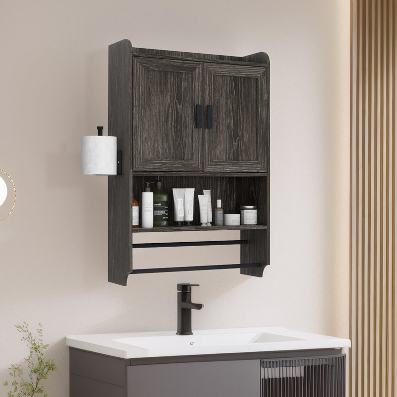 Armoire à pharmacie murale de rangement de salle de bain H 32,4 "avec barres à serviettes réglables et porte-papier, Noyer