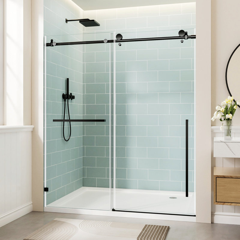 Porte de douche coulissante simple sans cadre, porte en verre trempé avec film antidéflagrant et poignée en acier inoxydable