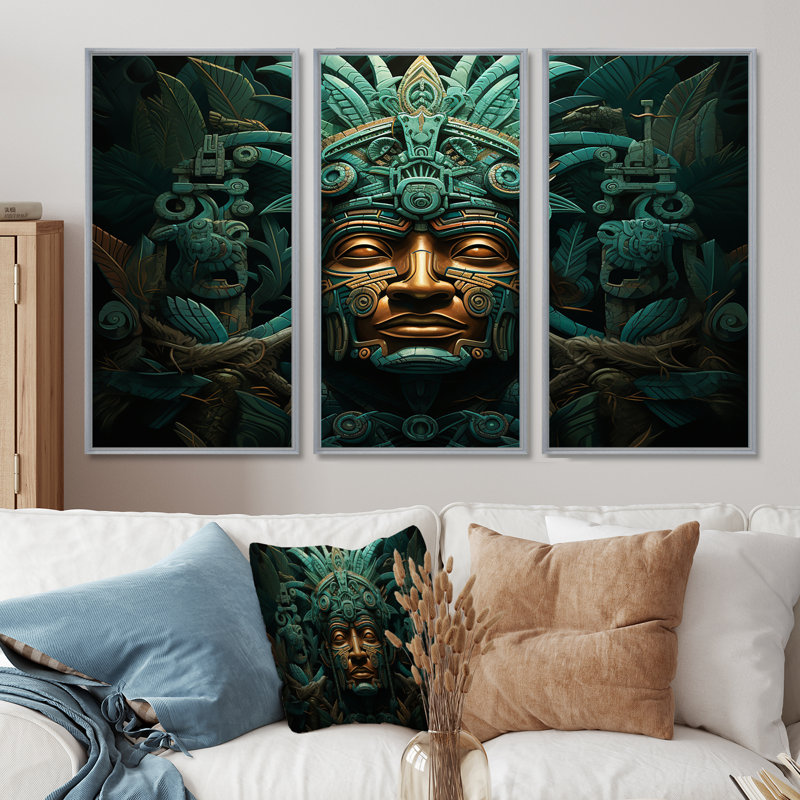 Ensemble de salon Maya Magic Aztec Mask I - art mural mexicain, H 32 po x l 48 po, Encadrement argenté
