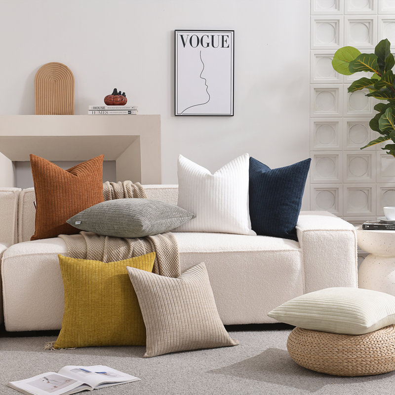 Housse de coussin moelleuse à rayures en chenille douce, Carré 18 po, Jaune moutarde