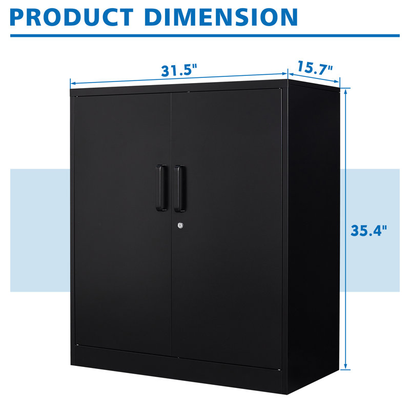 35.4" H x 31.5" W x 15.7" D Steel Storage Cabinet with 2 Adjustable Shelves, Black