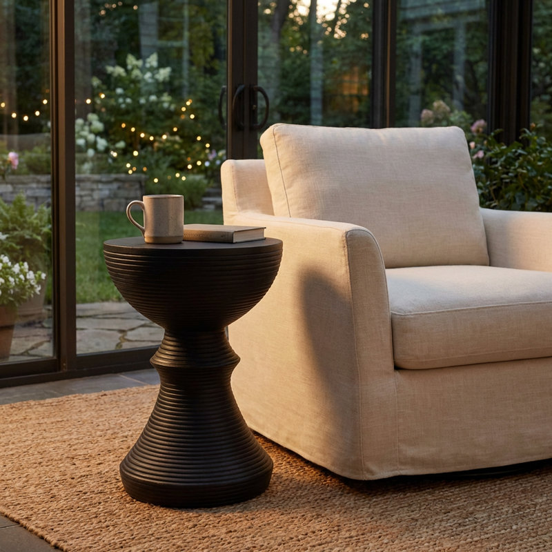 Table d'appoint d'extérieur en béton nervuré avec design de sablier et finition semblable au bois