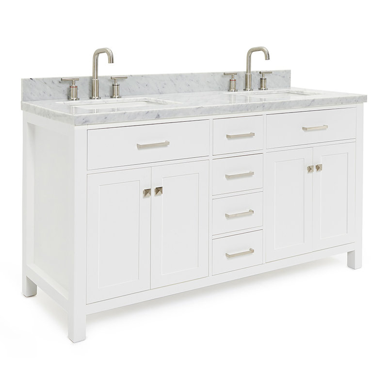 Meuble-lavabo double 60 po avec plateau en marbre blanc de Carrare Abbate, Blanc