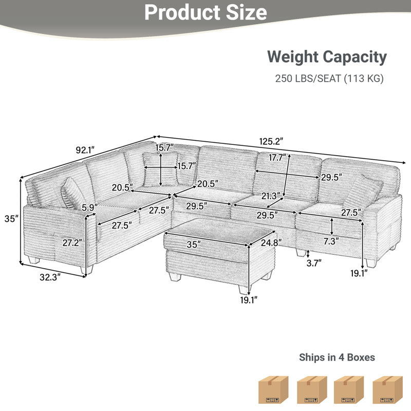 125 canapé modulaire en forme de U avec repose-pieds en velours côtelé moelleux, poches de rangement et coussins à ressorts en mousse