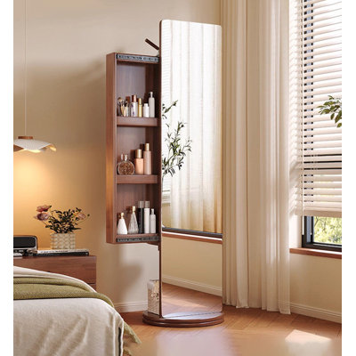 Mid-Century Rubber Wood Rotatable Full-Length Mirror With Hidden Storage