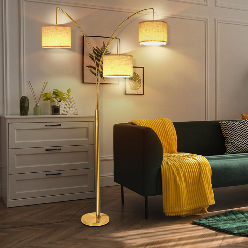 Lampe sur pied arquée 80 po avec télécommande, trois lumières DEL à intensité variable, Doré