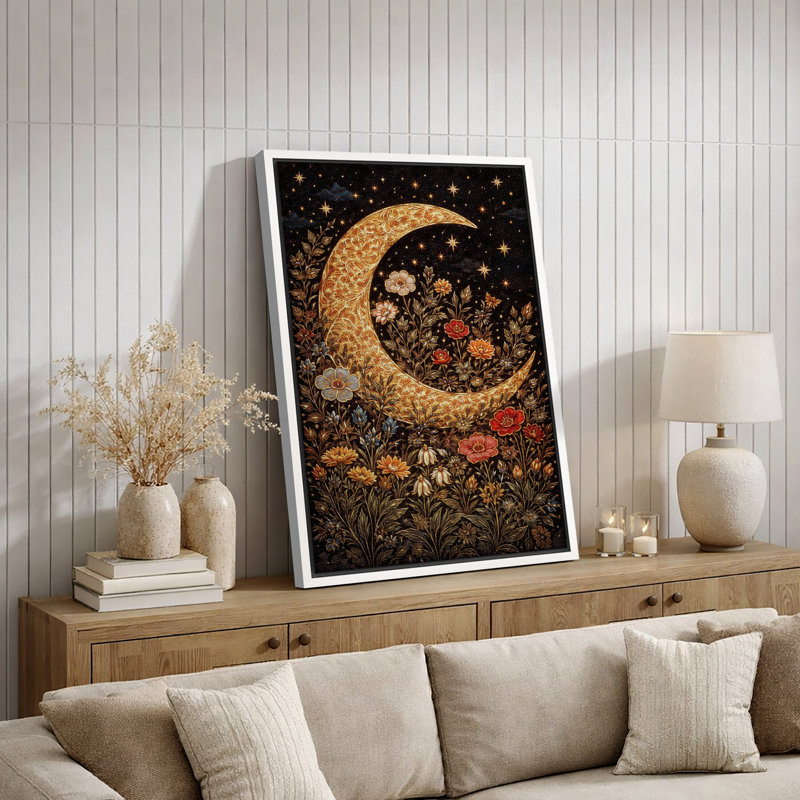 Croissant doré, lune, ciel nocturne, œuvres d'art, impression sur toile, H 24 po x l 16 po x P 1,5 po, Cadre blanc