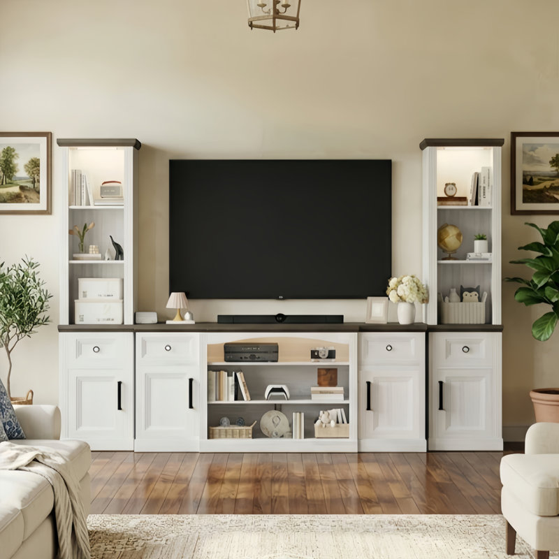 Meuble audio-vidéo Jonathan 3 pièces avec meuble télé et 2 étagères, unité murale 3 pièces pour téléviseur de 75 po ou moins, tablettes réglables, portes de style européen et éclairage à détecteur de mouvement