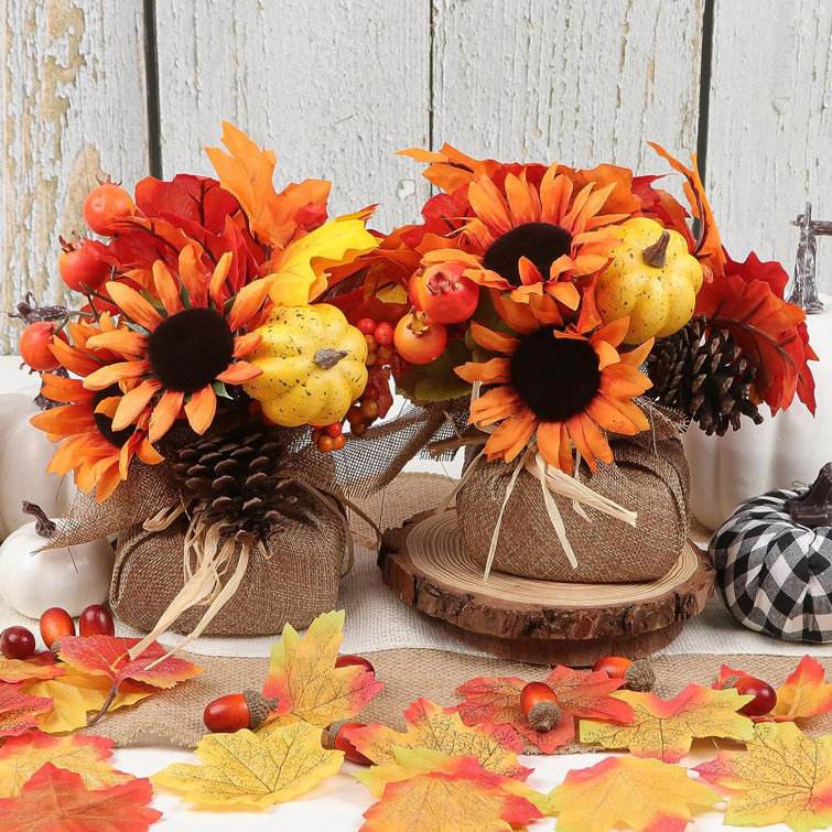 The Holiday Aisle Fall Decor - Fall Decorations for Home-2PCS Artificial Pumpkin Sunflower and Maple Leaf Berry Pine Cone Bouquet for Thanksgiving Harvest Autumn Tablet