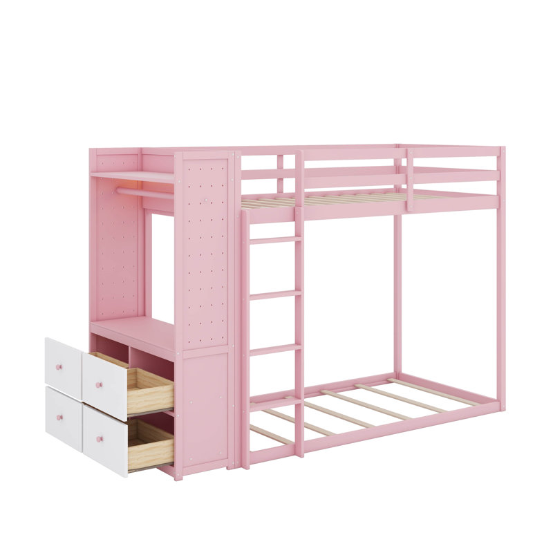 Lit superposé en bois avec garde-robe intégrée et 4 tiroirs de rangement, bande lumineuse intégrée et panneau perforé, Pink