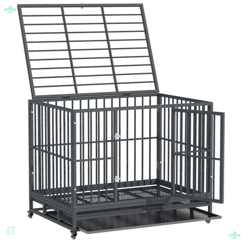 Chenil en cage robuste pour chien avec roues verrouillables, porte double et plateau amovible