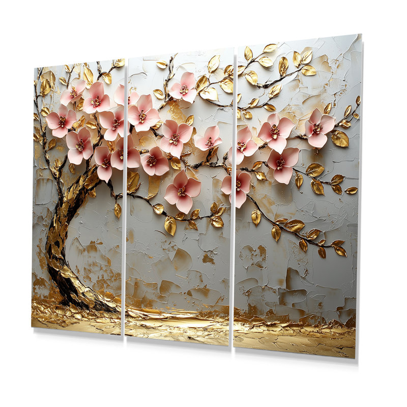 Arbre de fleurs de cerisier roses et dorées au bord du lac III - Ensemble de décorations murales fleurs de cerisier