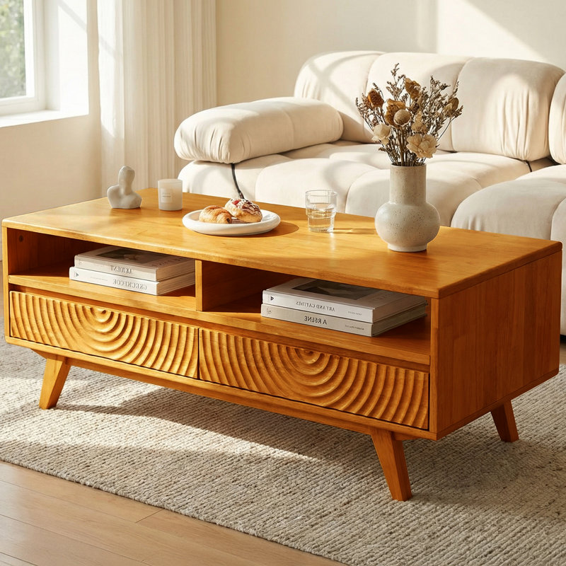 Solid Rubber Wood Coffee Table with Storage, 2 Drawers & Open Shelf, Rectangular 47.2 Inches Center Table for Living Room