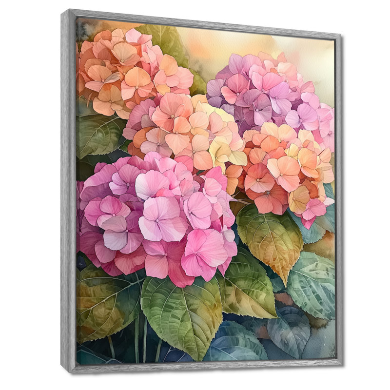 «Hydrangeas In The Sunset Glow III - Hydrangea», art mural sur toile, Argent argent, Impression encadrée flottante
