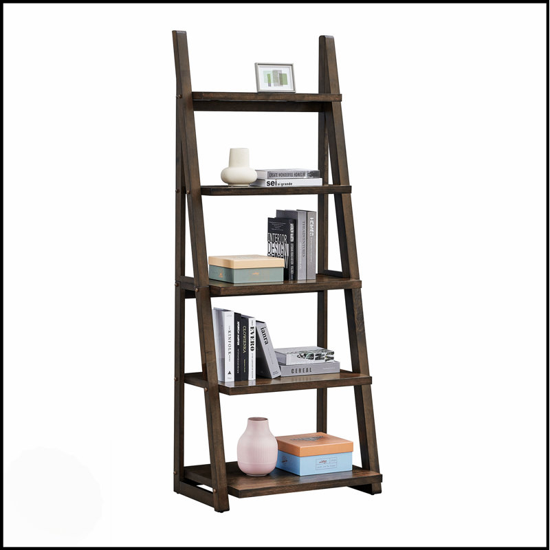 5-Tier Ladder Bookshelf With Rubber Wood Frame, Ideal For Stylish And Efficient Storage In Any Room, Rustic Brown