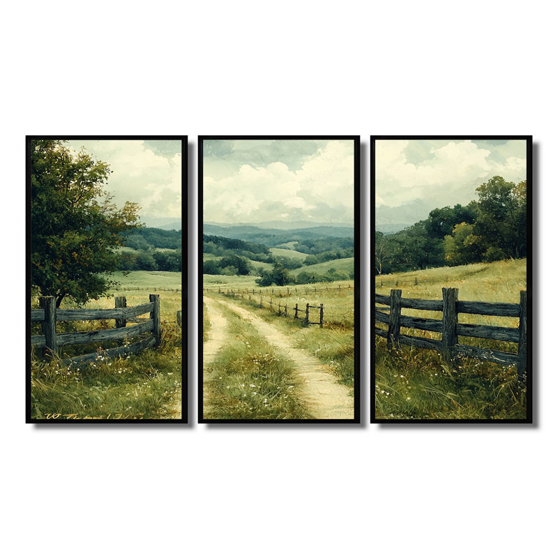 «Green Peaceful Valley I», ensemble d'art mural, Toile avec cadre flottant noir, H 32 po x l 48 po x P 1 po