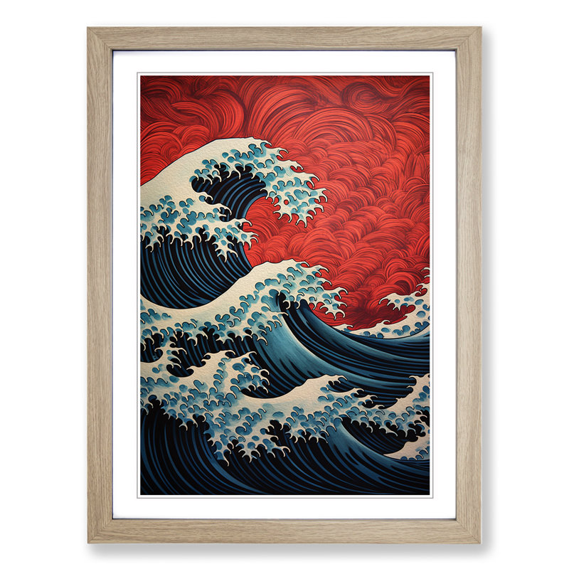 XYZ-FRM-V1223-6461 Wave Japanese Geometric No.2 - Single Picture Frame Print on Wood, Oak, 34cm H x 25cm W x 2cm D