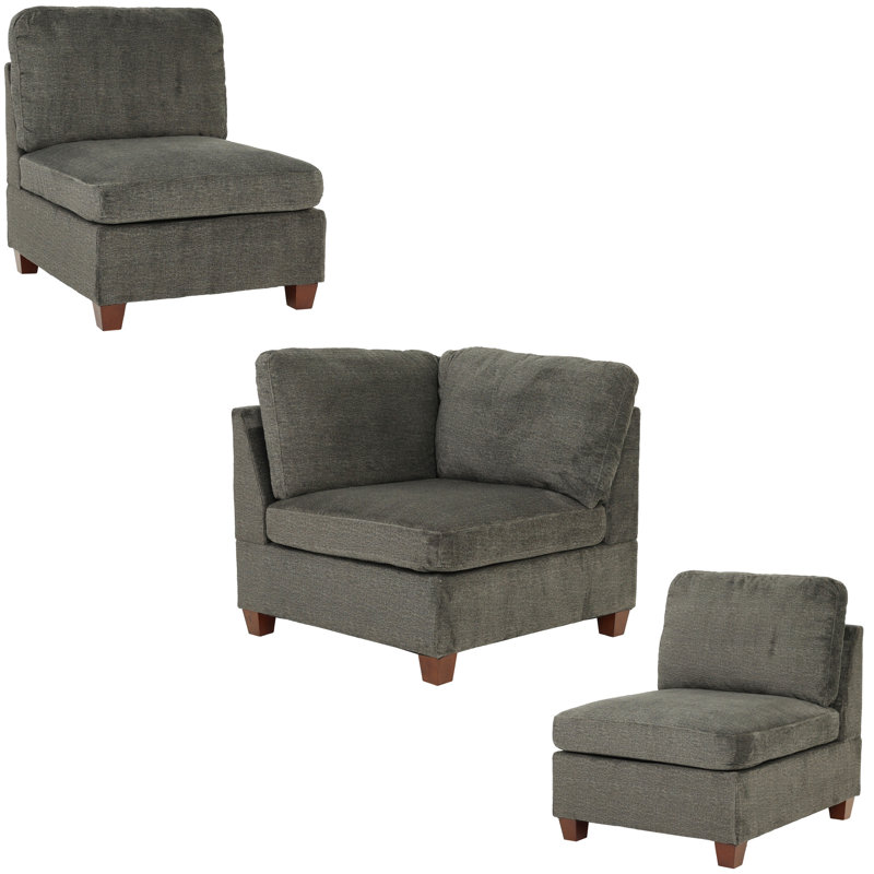 Canapé modulaire 3 pièces en chenille gris avec dossier coussiné et assise sans accoudoirs en chenille gris