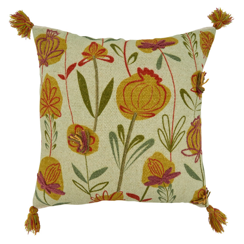 20'' Square Green Embroidered Cotton Throw Pillow