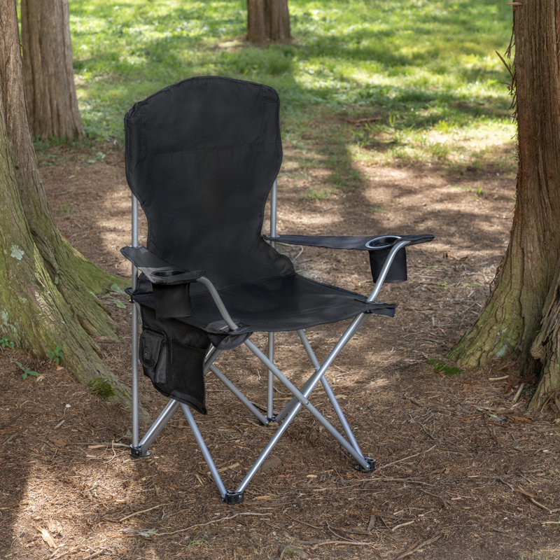 Camp & Go Heated Deluxe Quad Outdoor Camping Chair, Folding Heated Chair with 18" USB Cable, Storage Compartment, and Cup Holders, Black