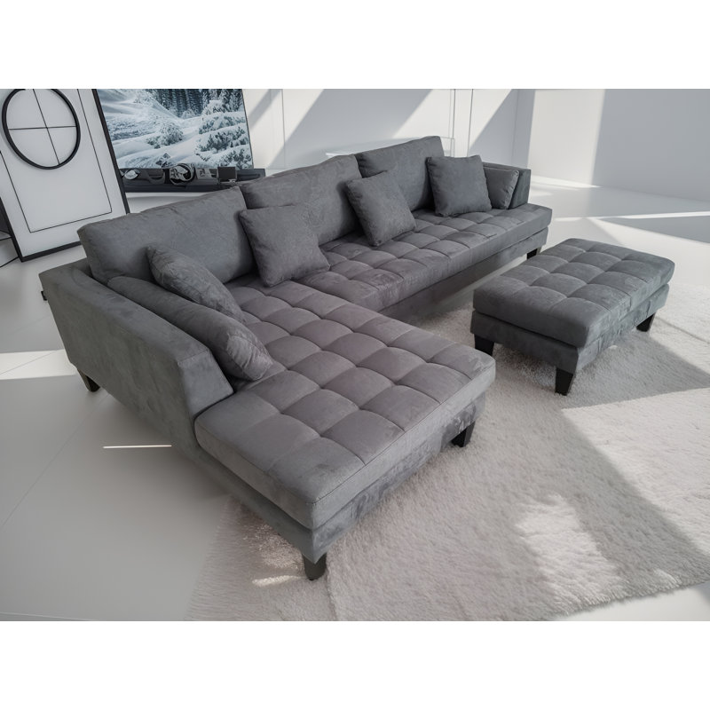 Canapé modulaire en microfibre avec repose-pieds Pritesh, Microfibres et suédine gris foncé, Accoudoir à gauche (vu de face)