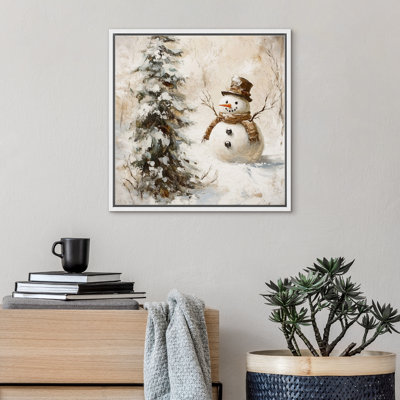 Snowman With Christmas Tree In Winter Modern Rustic Holiday Home Decor Canvas Print Wall Art