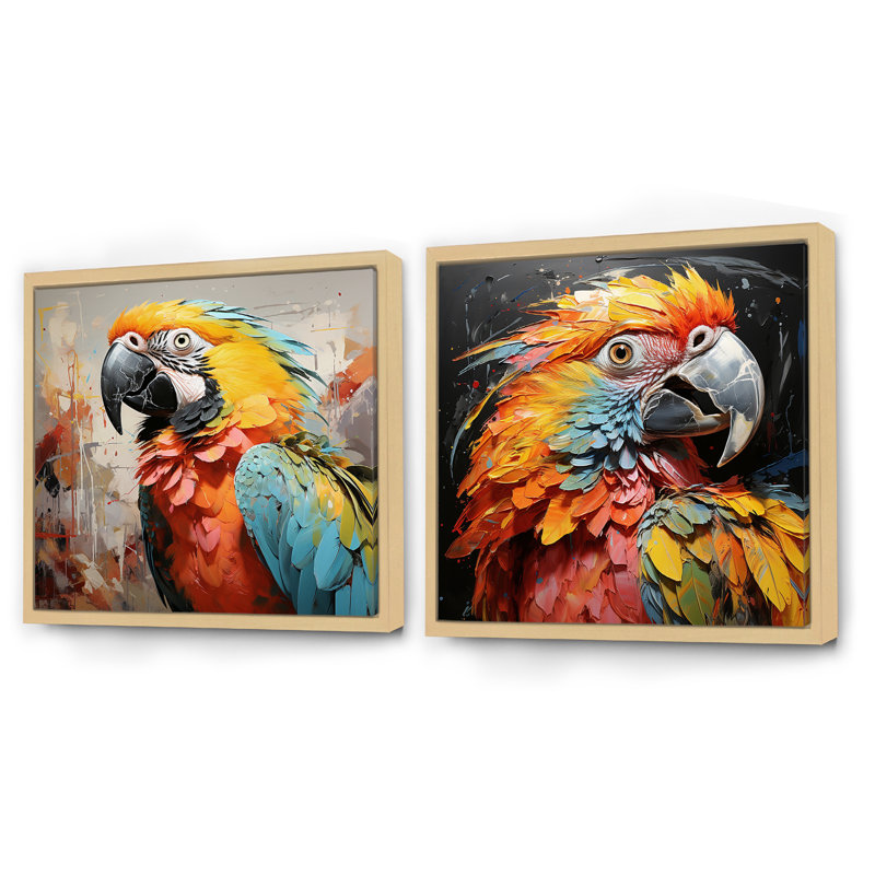 Perroquet jaune, tempête tropicale - ensemble de 2 animaux carrés, Cadre flottant brun, H 16 po x l 33 po