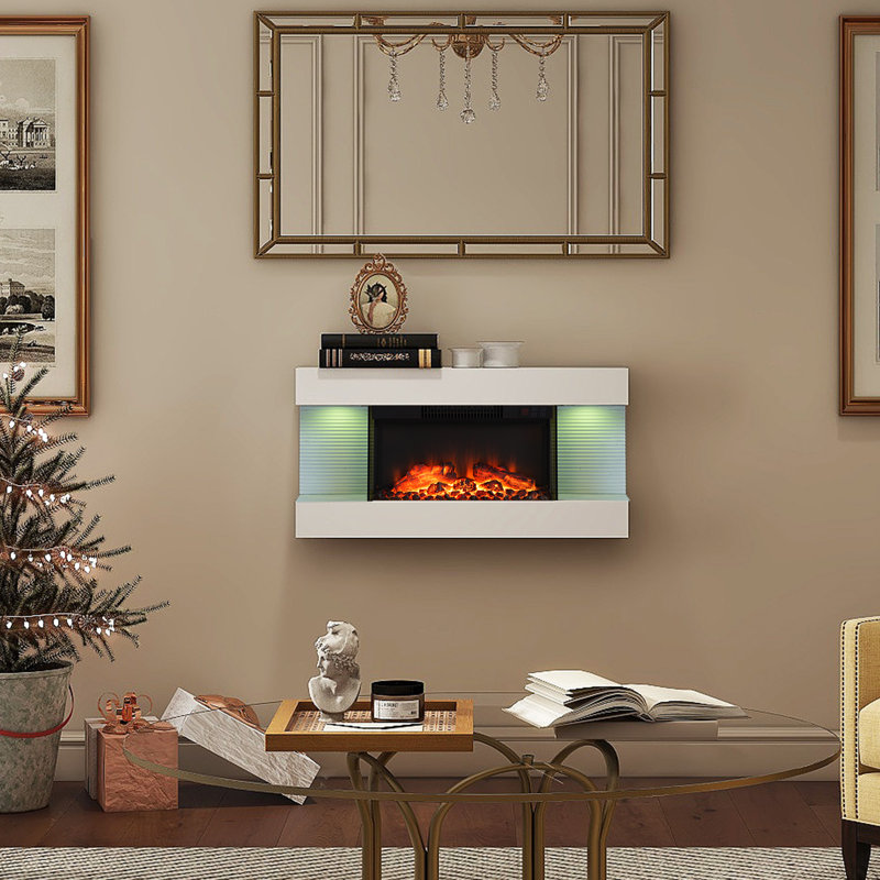 Wall Mounted Led Electric Fireplace With Floating Mantel,Remote Control Adjustable Heat, 16.4" H x 50" W x 4.13" D
