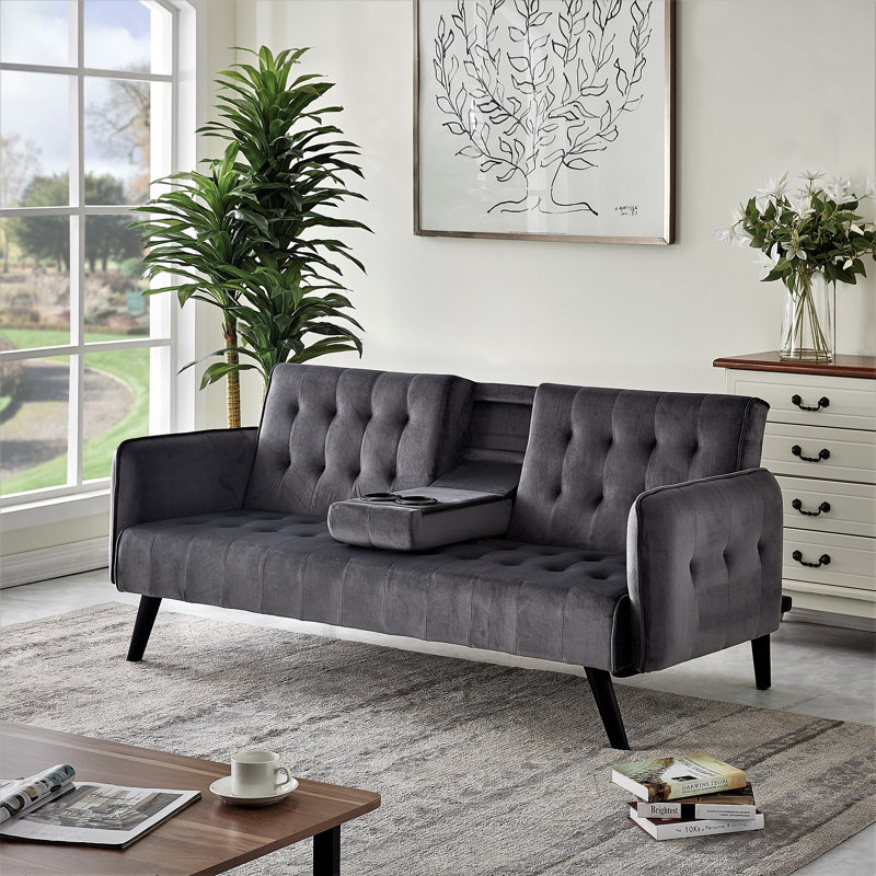 Koga 72'' Velvet Convertible Sofa, Gray Velvet