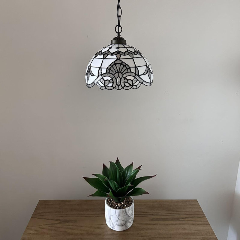 White Stained Glass Bronze LED Pendant Light, 60" Height
