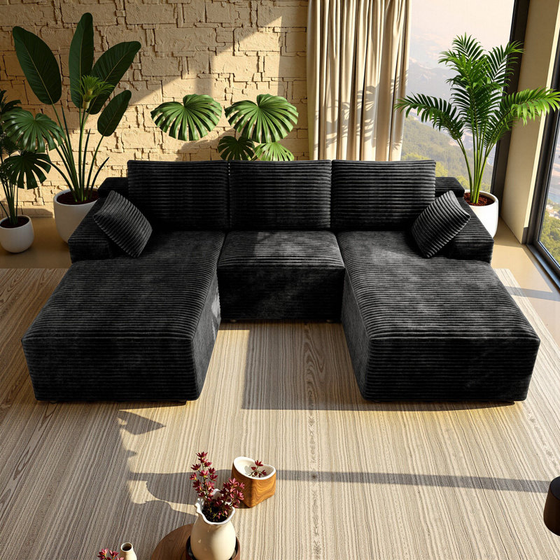 98" U-Shaped Compression Sectional, Corduroy Cloud Couch, Black, Black Corduroy