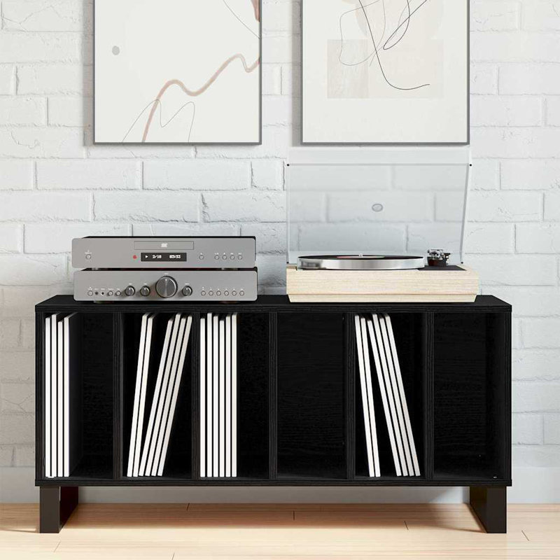 Record Cabinet with Shelf with Storage Engineered Wood Media Home Unit, Black Oak