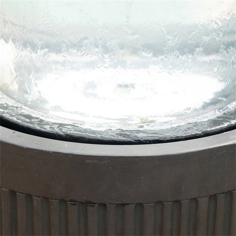 20X20x19.5" Heavy Cement Round Black Ribbed Outdoor Water Fountain With Light