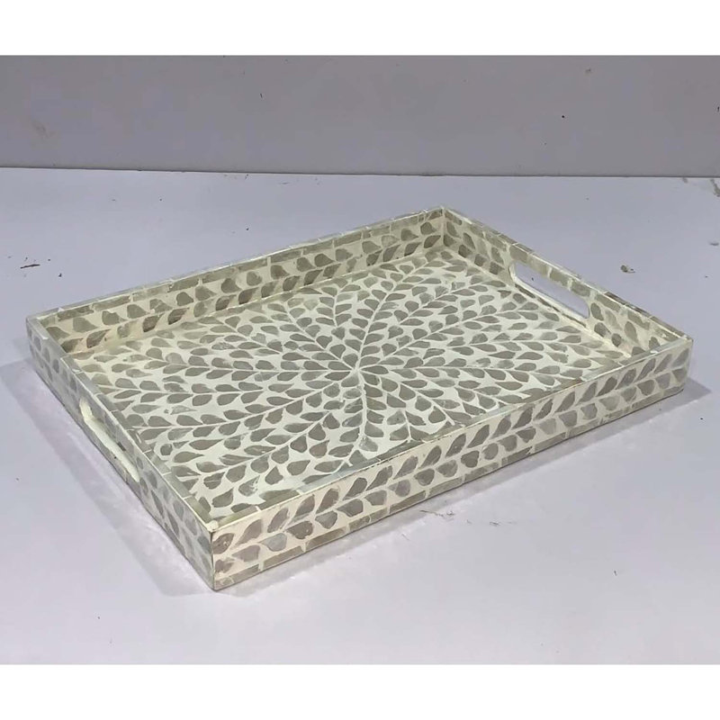 Serving Tray 15.7" X11.8", Lacquer Mother Of Pearl Inlay Mosaic Tray, Rectangle Wooden Marble Tray With Handles Trays For Tea, Breakfast In Bed, Table