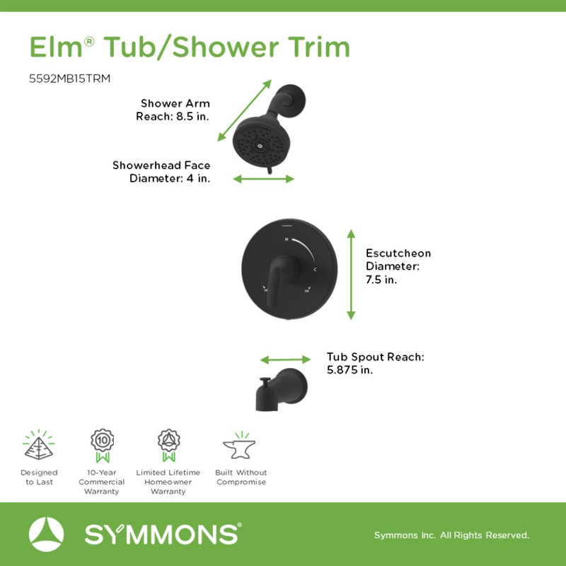Elm Wall Mounted Tub and Shower Trim Kit with Diverter Lever, Matte Black
