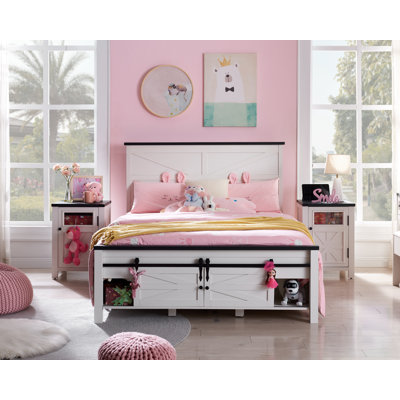 Argana Farmhouse Wood Bed Frame with Headboard and Sliding Barn Door Storage Cabinets