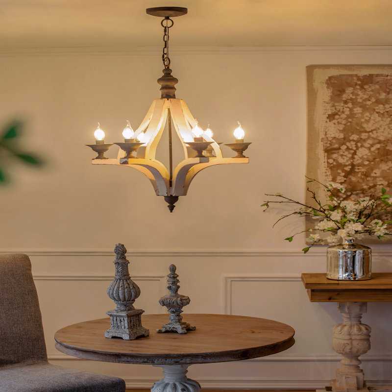 Chandelier  - 6-Light Farmhouse Chandelier, Distressed White Wood & Black Iron