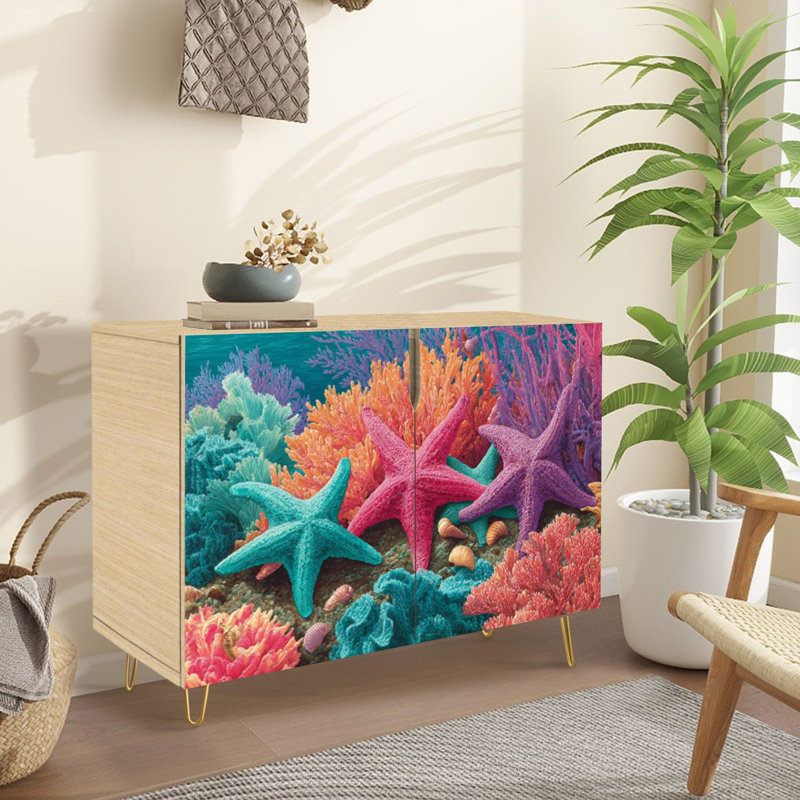 Buffet Buffet avec rangement Étoile de mer vibrante colorée de récifs coralliens avec 2 portes pour le salon et la cuisine