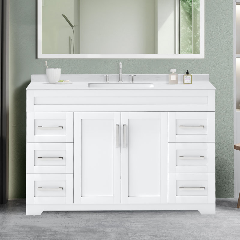 Meuble-lavabo moderne 48 po avec contreplaqué en pierre reconstituée sans robinet, Blanc / argenté