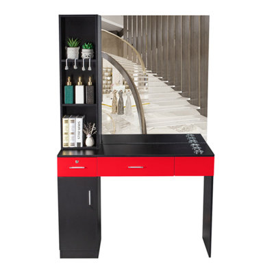 Station de coiffeur murale noire et rouge avec 2 tiroirs, 1 armoire de rangement et 3 tablettes ouvertes avec miroir