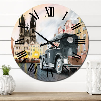 Old Retro Car on The Old Town Square in Prague - industrial Wall Clock