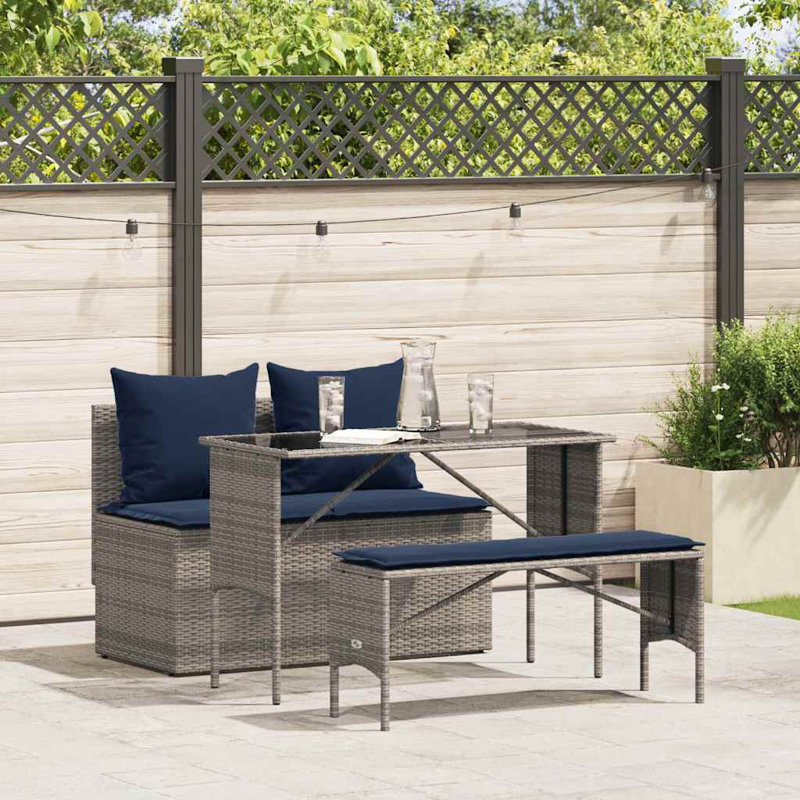 Ensemble repas de patio 3 pièces avec coussins en rotin de polyester, Gris / bleu marine