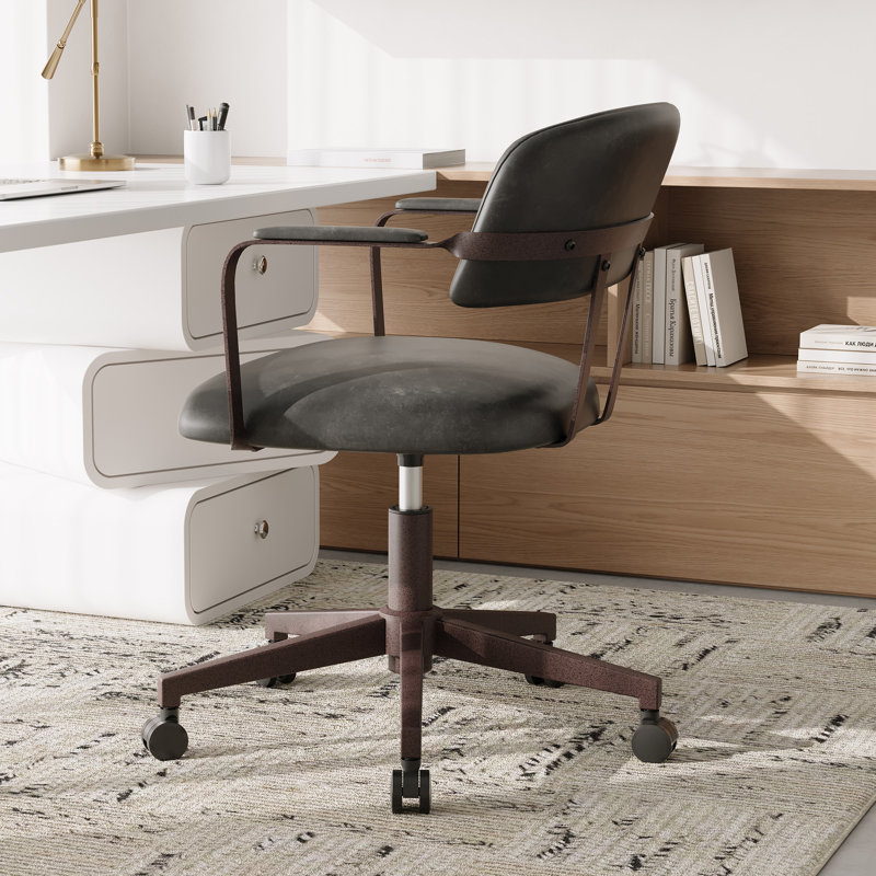 Faux Leather Task Chair with Padded Arms, Black Gray