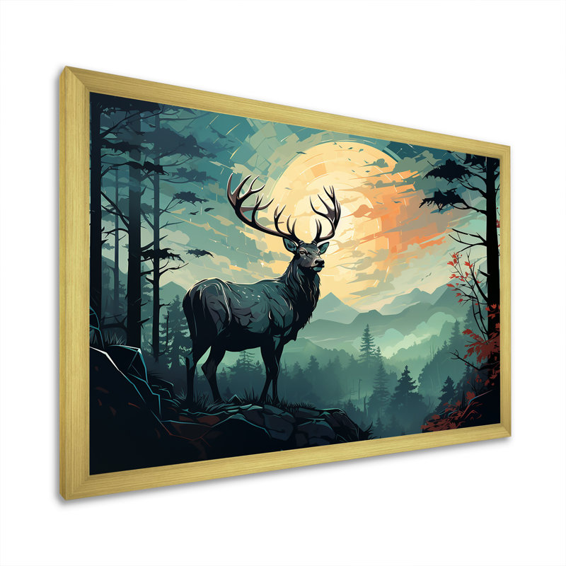 «Deer Sunset Landscape In Canada III - Deer Animal», art mural, H 16 po x l 32 po x P 1 po, Cadre doré à coins fermés